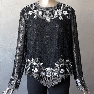 STUNNING Vintage 90’s 100% Silk Sequins Beaded Top Evening Cocktail Formal Top